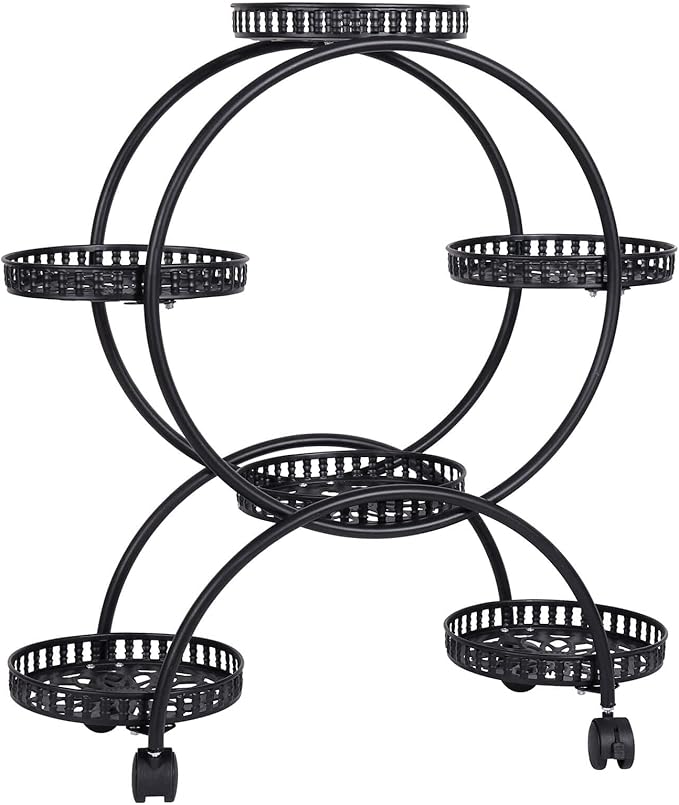 unho Metal Plant Stand 6-Potted: Flower Pot Holder with Wheels 4 Tier Display Shelf Rack for Patio Balcony Yard Garden Home Decor, Black