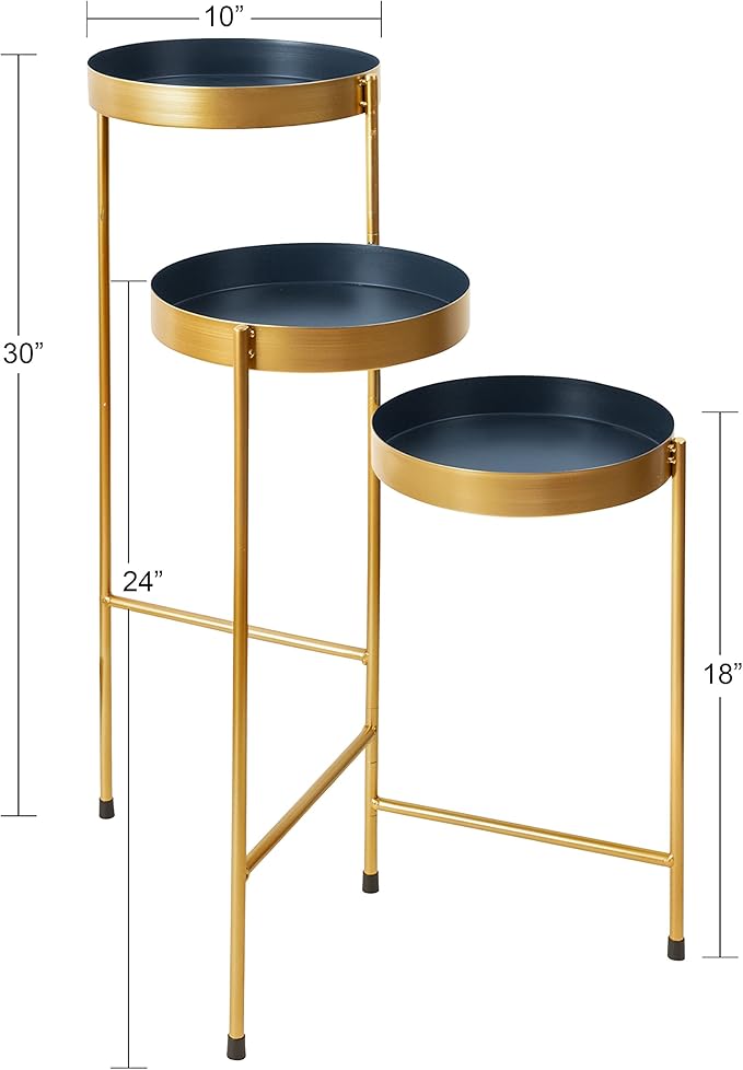 Kate and Laurel Finn Tri-Level Plant Stand; 16 x 21 x 30; Navy and Gold; Decorative Metal Plant Stands for Indoor Plants