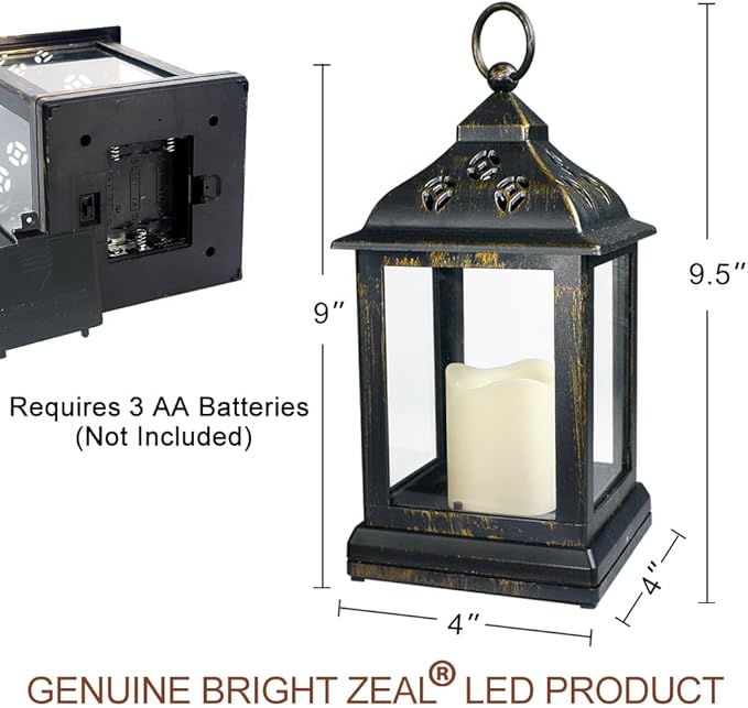 Bright Zeal 2-Pack 9.5" Distressed Bronzes Indoor Candle Lantern with LED Flameless Candle - Battery Operated Lanterns Indoor Decorative Lanterns with Timer Candles