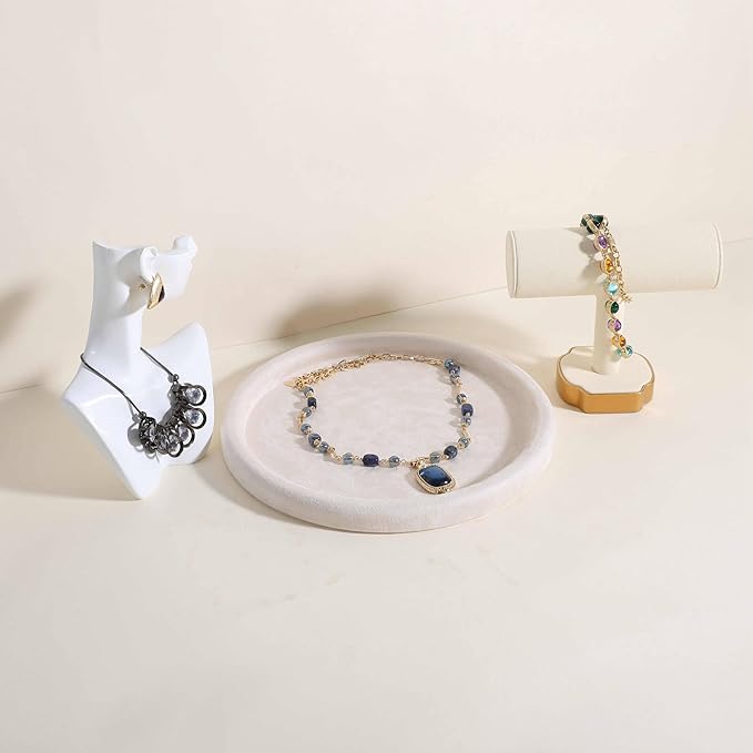 GemeShou Round Jewelry Organizer plate, Top Microfiber velvet Jewerly display tray, Empty Jewelry showcase tray for Necklace Bracelet Ring Earring display stand holder (Cream-Large, 9.8 x 9.8 in)