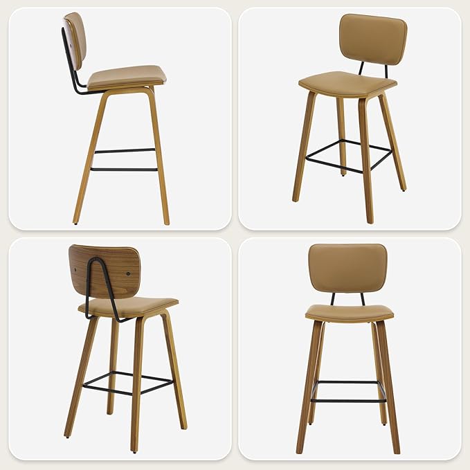 Counter Height Bar Stools Set of 3, PU Leather Upholstered Barstools with Backs, Bent Wood Legs, 26 Inch Seat Height, Mid Century Modern Counter Stools for Kitchen Island, Brown