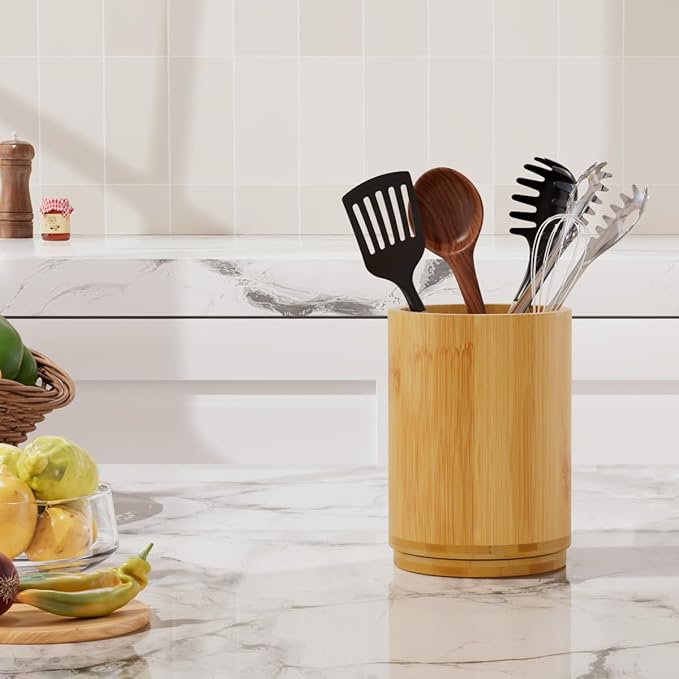 Bamboo Utensil Holder, Kitchen Utensil Holder for Countertop, 360°Rotating Cooking Utensil Crock for Kitchen Counter, 7.2" Large Utensil Organizer for Spatula