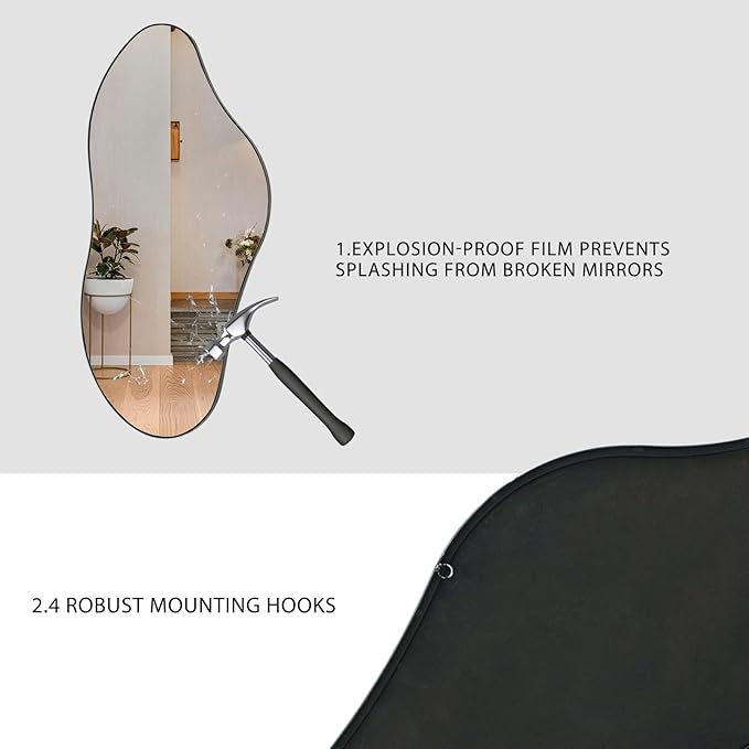 Irregular Wall Mirror, 38.5" x 17.7" Black Bathroom Mirror, Iron Framed Asymmetrical Mirror, Hanging Mirrors for Walls Make up Dressing Mirrors for Bedroom/Hallway/Livingroom Decor