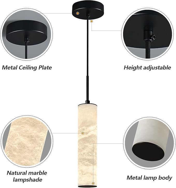 LMQNINE Natural Alabaster Pendant Lights for Kitchen Island White Marble Long Tube Chandelier Modern Black Ceiling Light Fixtures for Bedroom Dining Room Table Living Room Hallway(S-3Pack)