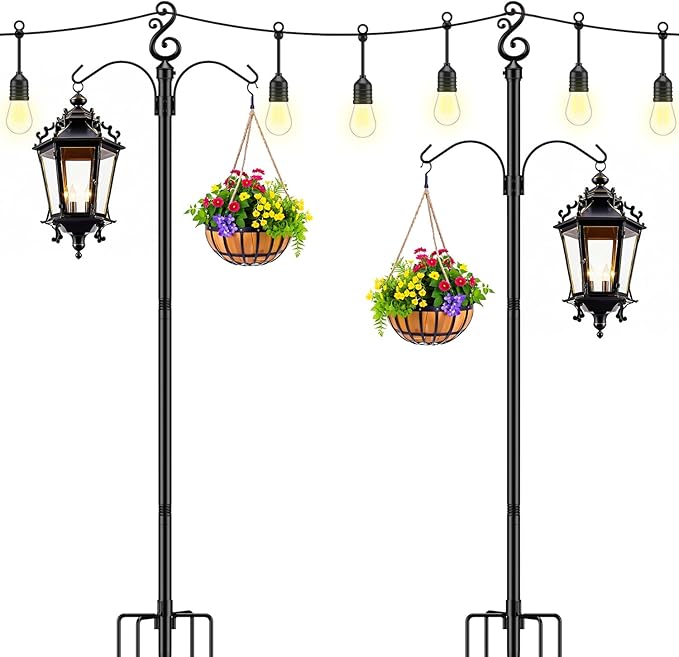 10 Ft Height 1 Inch Diameter String Light Poles StringLight Stand with Hooks Metal Poles for Outside Patio Yard Garden Backyard (10Ft Pole with Hooks, 2)