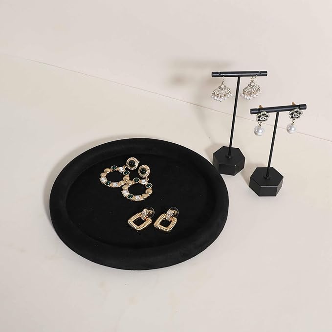 GemeShou Round Jewelry Organizer plate, Top Microfiber velvet Jewerly display tray, Empty Jewelry showcase tray for Necklace Bracelet Ring Earring display stand holder (Black-Medium, 7.9 x 7.9 in)