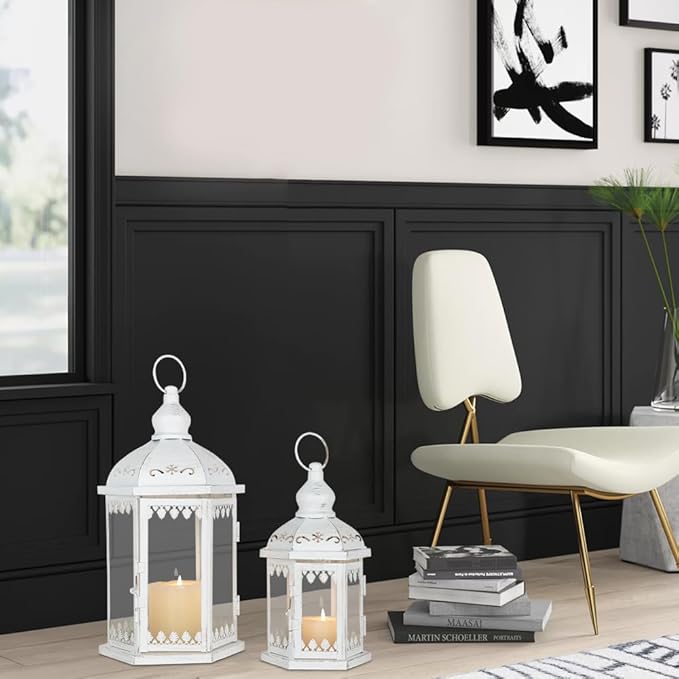Lanterns Decorative Outdoor&Indoor, Set of 2 (15"&11") White Metal Lantern Decor with Glass, Candle Holder for Porch, Patio, Garden, Balcony, Wedding, Table Centerpiece