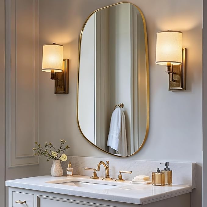 ANDY STAR Gold Bathroom Mirror, 24"x36" Brushed Brass Asymmetrical Wall Mirror in Stainless Steel Metal Frame, Unique Vanity Mirror with Modern Curved Design, Ideal for Bathroom, Bedroom, Entryway