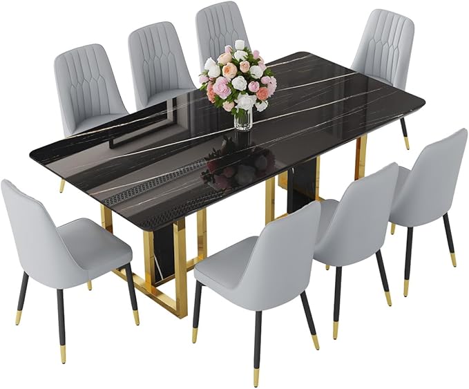 TesNus 79" Black Dining Table Set for 8 with Chairs,Large Faux Marble Kitchen Table and Chairs Set Rectangular 9 Piece Dining Room Set with Gold Metal Legs,Easy Assemble,Stable Base