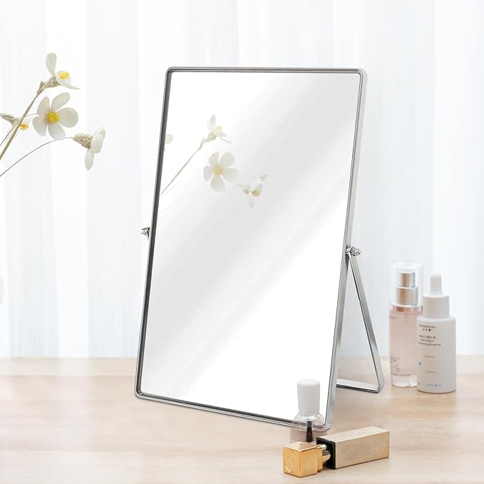 Makeup Vanity Mirror Portable Desktop Mirror with Metal Stand Adjustable 90° Rotation Desk Mirrors for Dressing Room,Bedroom, Bathroom,Tabletop,Square Silver