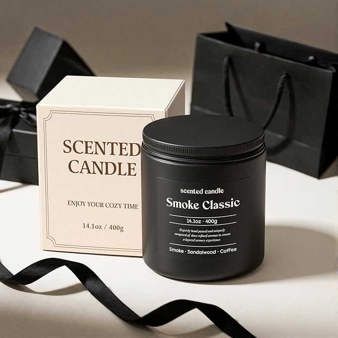 Candles for Men, 14.1 oz Scented Candles for Home, 2 Wicks Blended Scents Birthday Candles Gifts for Dad, Teacher, Boyfriend (Smoke+Sandalwood+Coffee)