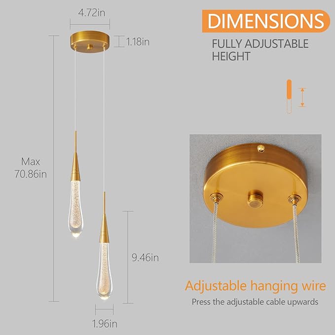 LMQNINE Pendant Lights Kitchen Light Fixtures Dimmable LED Modern Gold Pendant Light Mini Teardrop Crystal Pendant Lighting for Kitchen Island Bedroom Hallway Entryway (2-Light)