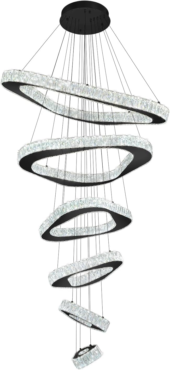 Modern Crystal Chandeliers for High Ceiling 6 Ring Chandelier LED Black Ceiling Lights Fixtures High Ceiling Chandelier for Foyer Staircase Living Room Dining Room 2700K-6000K