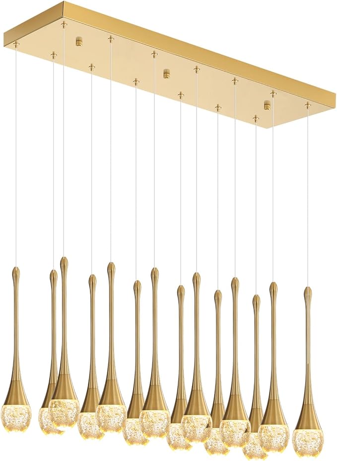 14-Light Modern LED Pendant Lighting Fixture for Kitchen Island Raindrop Crystal Chandelier Gold Chandelier for Dining Room High Ceiling Chandeliers for Staircase Foyer Hallway Villa