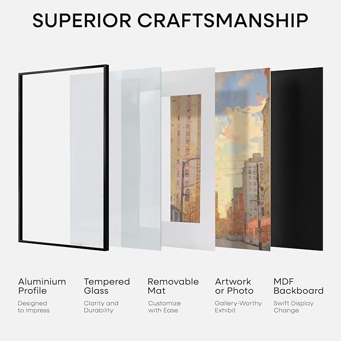Homeforia 16 x 20 Picture Frame Black, High End Metal 11x14 Matted for 16x20 Frame, 16 x 20 Black Poster Frame with Mat 11 x 14 inch Photo, 20x16 Thin Hanging Frame, Tempered Glass, Wall Kit, Set of 1