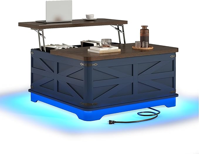 36" Farmhouse LED Lift Top Coffee Table with Storage and Power Outlets, Square Wood Living Room Tables with LED Lights & Large Hidden Space, Lift Wooden Barn Door Center Table, Navy Blue
