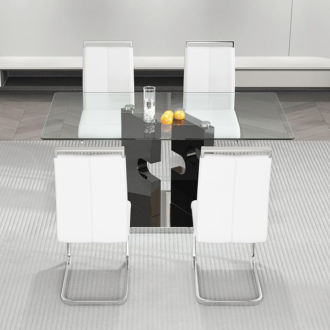 Glass Dining Table Set for 4,5 Piece Dining Table Set, Tempered Glass Table Top and Modern Design MDF Base with 4 PU Leather Ergonomic Dining Chairs