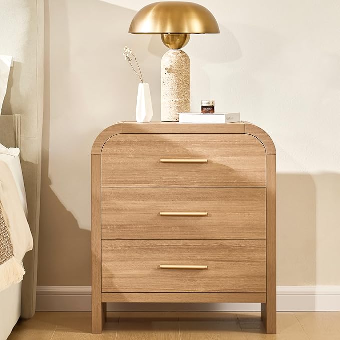 Farmhouse Nightstand Set of 2, 23.5" Curved Modern Night Stand with 3-Drawer, Bed Side Table Furniture, End Table for Bedroom, Storage Cabinet for Living Room Home Office Entryway, Oak