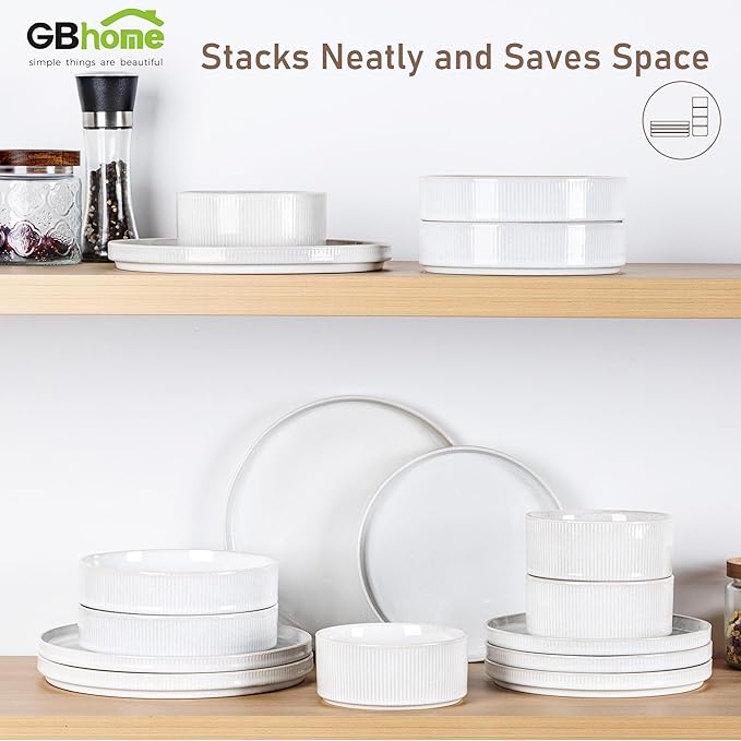 GBHOME Stoneware Dinnerware Sets for 4, Round Reactive Glaze Ceramic Plates and Bowls Set, Highly Scratch Resistant | Dishwasher & Microwave Safe ,Service for 4(12Pcs)