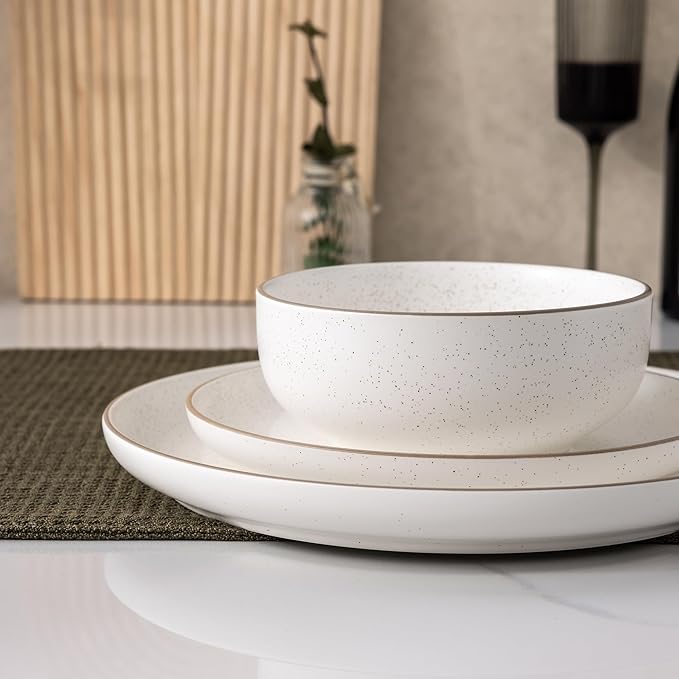 GBHOME Dinnerware Set for 4, GBHOME 12 Pieces Handmade Speckled Glaze Plates and Bowls Sets, Modern Style Scratch Resistant Stoneware Dishes Set, Dishwasher & Microwave Safe