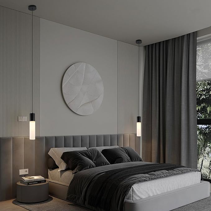 Kitchen Island Pendant Lights LED Black Small Pendant Light 12W with Milky White Lampshade Modern Ceiling Hanging Lamp for Bedroom Bedside Dining Room Table Bathroom, 1 Pack, 3000K-6000K