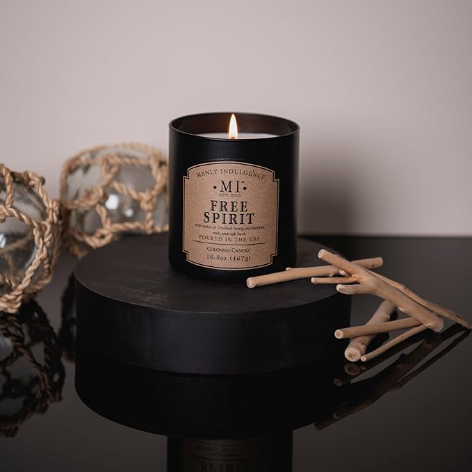Manly Indulgence Free Spirit Scented Candles for Men, 16.5 oz Single Wick, Premium Soy Blend Wax, 60H Burn, Candles for Home Scented – Made in The USA