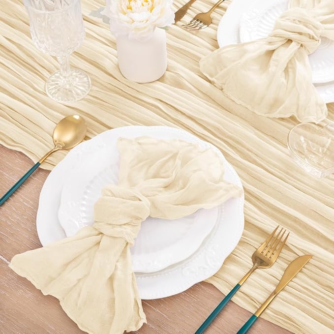 MLMC 3 Pack Beige Cheesecloth Table Runner 10ft Rustic Boho Gauze Cream Table Runner Bulk Fall Decor 35x120 Inches for Wedding Bridal Baby Shower Party Decor