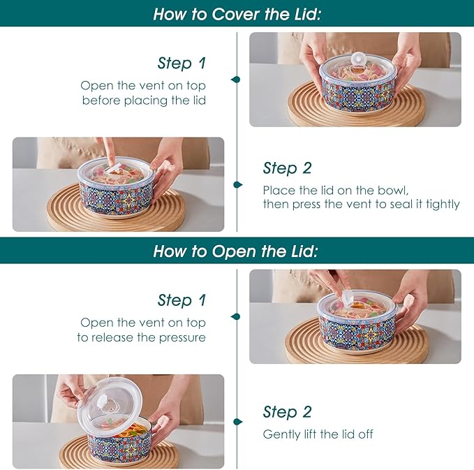 vancasso 36 oz Ceramic Bowls with Lids Set of 4, 6 Inch Food Storage Containers & Prep Bowls for Leftovers, Soup, Cereal, Meal Prep, Office Lunch, Microwave & Dishwasher Safe, Series SIMI