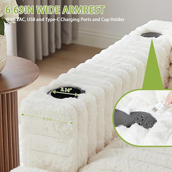 RARZOE 64'' Oversized Chaise Lounge Chair Indoor, Plush Faux Rabbit Fur Sleeper Sofa Bed with 4 Pillows, Charging Station & Cup Holders, Fluffy Comfy Cloud Couch Loveseat Sofa for Living Room,Beige