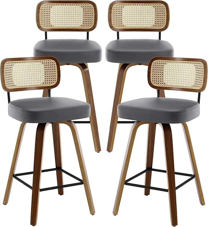 Swivel Counter Height Bar Stools Set of 4, Upholstered Faux Leather Barstools with Rattan Back, 26" Seat Height Bar Chairs for Kitchen Island, Bentwood Wood Frame, Grey