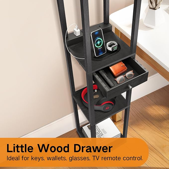 OUTON Floor Lamp with Shelves & Drawer, LED Dimmable Floor Lamp with Remote & App & Voice Control, Charging Station, Color Changing, Storage Display Wood Standing Lamp for Living Room, Bedroom Office