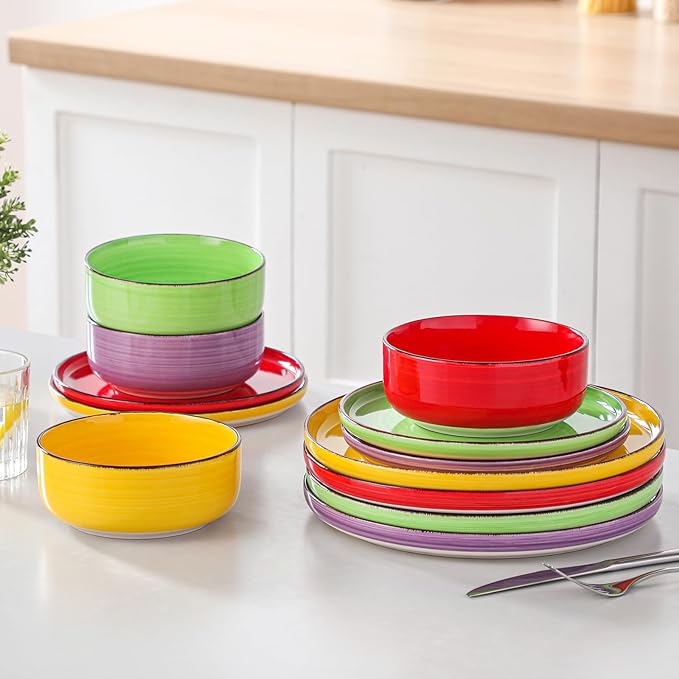 vancasso Bonita Stoneware Dinnerware Sets, 12 Pieces Dishes Set,Polished Round Plates and Bowls Set for 4, Dishwasher and Microwave Safe, Multicolor