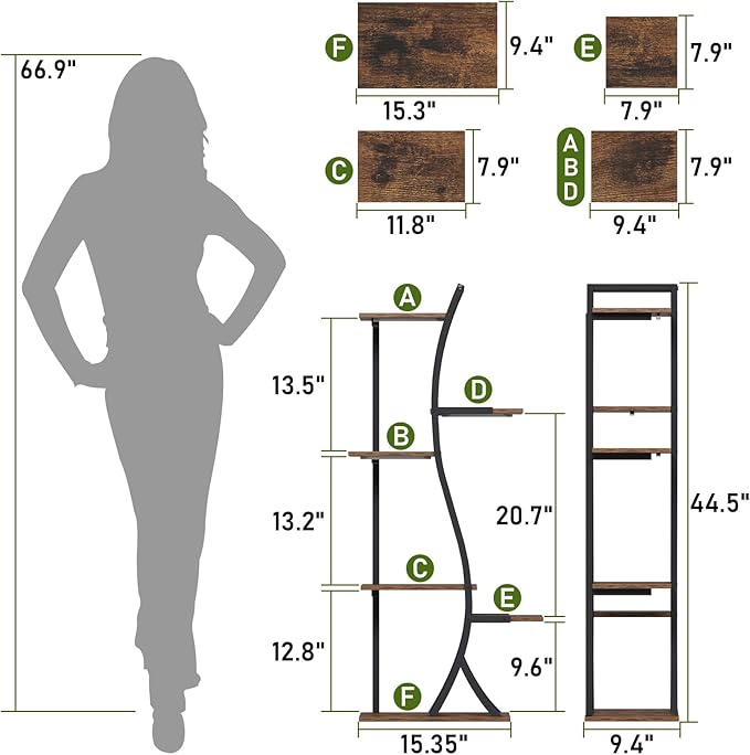 6 Tiered Plant Stand with Grow Light Indoor, 44.5" Corner Plant Shelf for Indoor Plants Multiple, Curved Design Flower Stand Display Holder Rack for Living Room, Patio, Balcony Decor