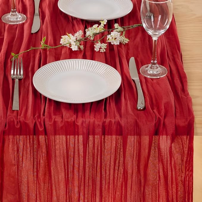 MLMC Red Table Runner 10ft Boho Rustic Gauze Fall Cheesecloth Table Runner Cheese Cloth Decor 35x120 Inches for Halloween Wedding Reception Home Winter Christmas Decor