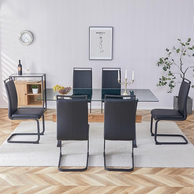 7 Piece Glass Dining Table Set, Kitchen Table Chairs Set for 6, 71'' Dining Table with 0.4" Tempered Glass Tabletop with Plated Metal Legs and MDF Crossbar, 6 PU Chairs for Dining Room, Kitchen.