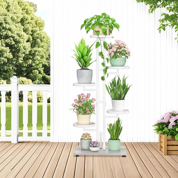 LASZOLA White 5 Tiered Plant Stand Indoors Heavy Duty Metal Rack, Sturdy Multi Level Shleving Hold Flowers, Larger House Decorate Ladder for Planting Inside Tree Herb Cactus, Wooden Base, Space Saving