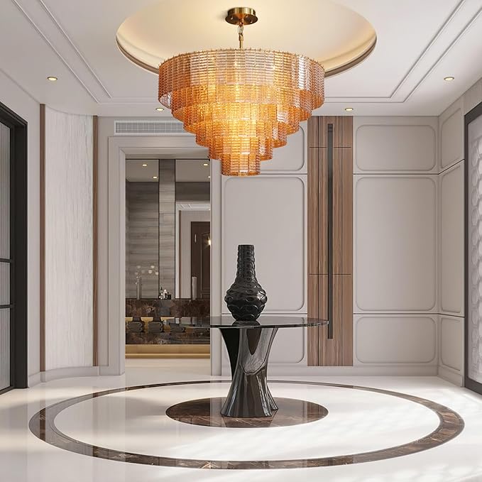 Large Chandelier, 41" Gold Chandelier for Dining Room, 18-Light Round Drum Kitchen Island Hanging Light Fixture,Amber Glass Linear Chandeliers Perfect for Living Room, Bedroom,Kitchen, Foyer