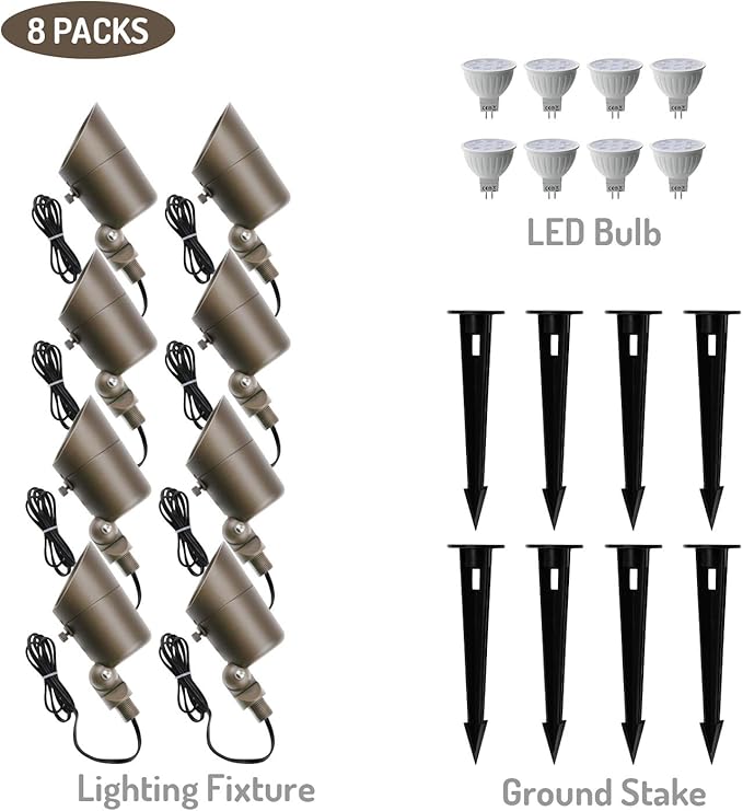 DAONEG 4W LED Landscape Spotlights GL101-BZLED8 Bronze 8 Pack Low Voltage Warm White Waterproof for Driveway, Yard, Lawn, Patio, Walls, Trees, Flags, Outdoor Light