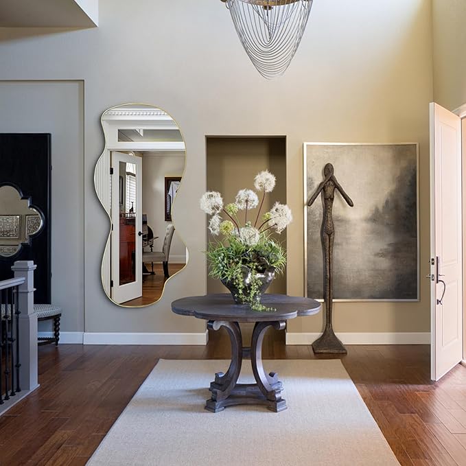 POZINO Irregular Mirror Full Length, Large Asymmetrical Wall Mirror, 63"x30" Gold Wavy Shaped Mirrors, Modern Frameless Decorative Mirrors for Dressing Living Room Bathroom Bedroom Hallway Entryway