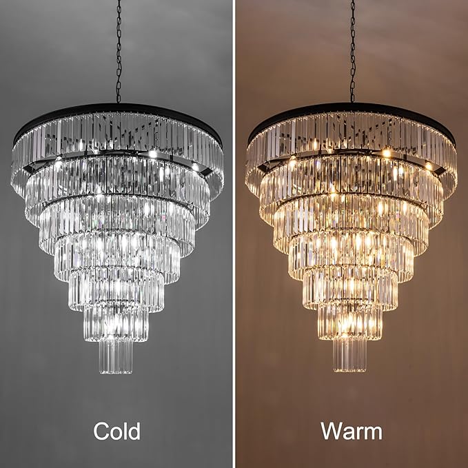 TOCHIC Large Crystal Chandelier for High Ceiling, 40 inch 7-Tier Modern Black Crystal Chandeliers Lighting Fixture, Round Light for Entryway Staircase Foyer Living Dining Room (Black, 40 Inches)