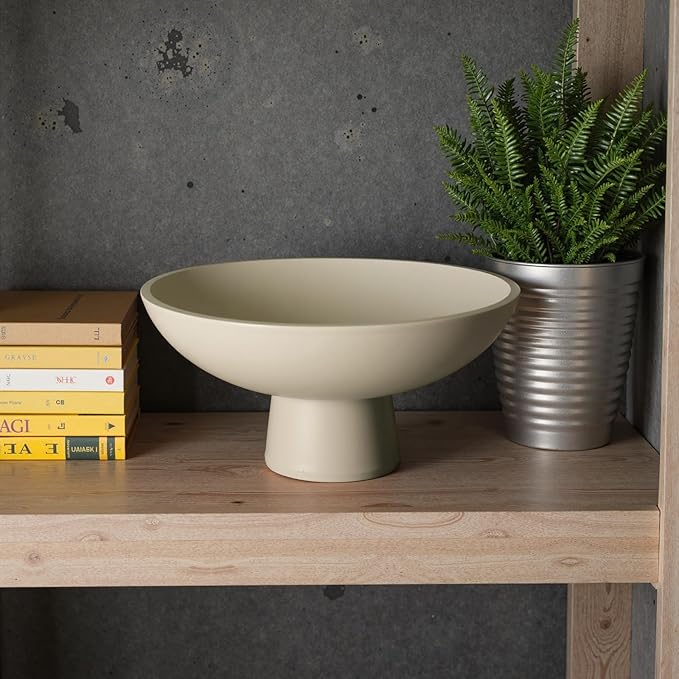 Large Decorative Fruit Bowl for Kitchen Counter - 11.8 Inch Handcrafted Resin Pedestal Bowls for Home Decor, Modern Key Purse Bowl for Entryway Table, Beige