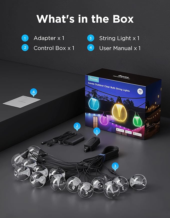 Govee Outdoor Clear Bulb String Lights, 48ft RGBWIC Outdoor Lights with 15 Dimmable Warm White LED Bulbs, 111 Scene Modes for Patio, Backyard, IP67 Waterproof, Works with Alexa, Google & Matter