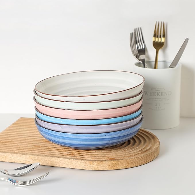 KitchenTour Large Pasta Bowls 34 oz, Ceramic Salad Serving Bowls Set of 6, 8.6 Inch Wide and Shallow Bowl for Soup- Dishwasher and Microwave Safe, Assorted Warm Colors