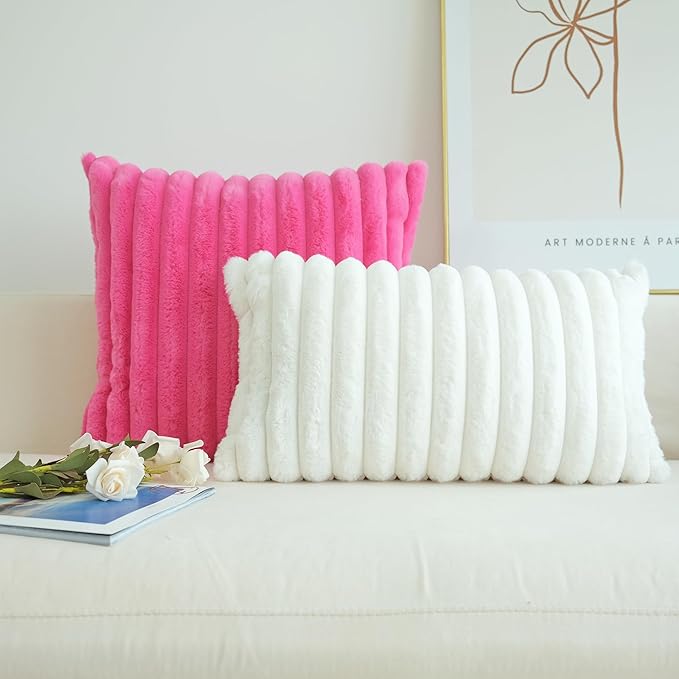 JOJUSIS Pack of 2 Faux Fur Plush Decorative Throw Pillow Covers Couch Cushion Case Soft Pillowcases (White, 12 x 20-Inch)