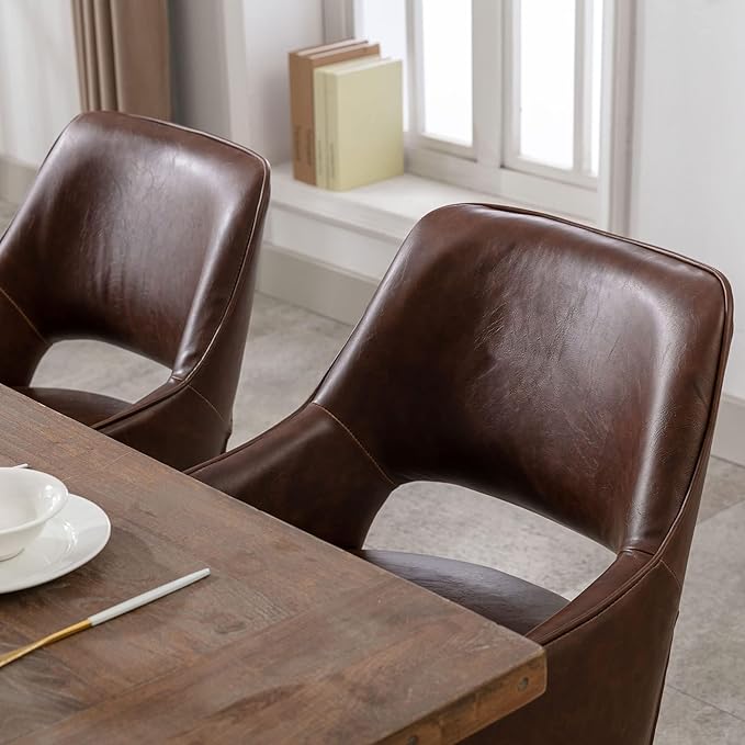 PU Leather Dining Chairs Set of 6 Upholstered Farmhouse Kitchen Chair Side Chairs Wood Accent Chair for Living Room/Dining Room/Bedroom/Restaurant, Upgraded Size, Brown