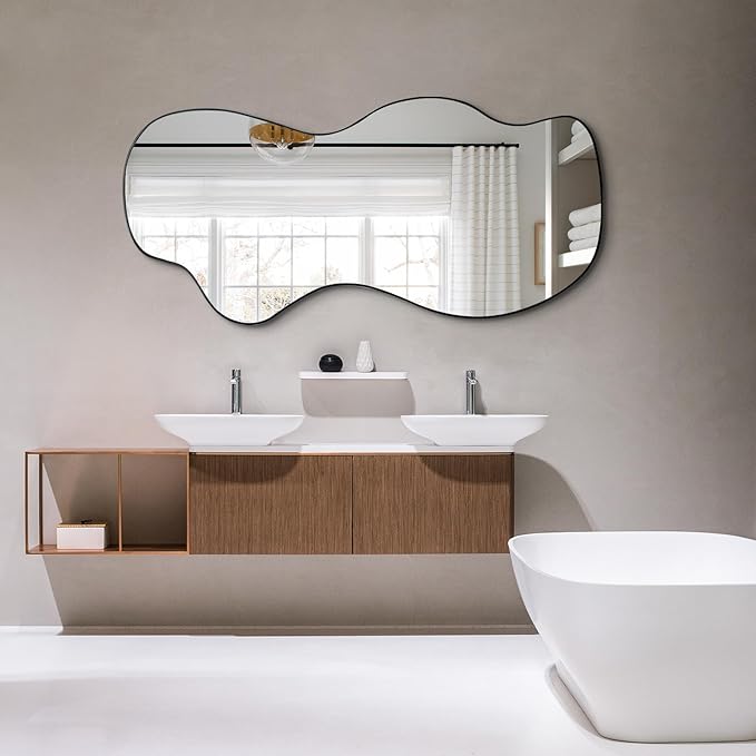 POZINO Irregular Mirror Full Length, Large Asymmetrical Wall Mirror, 63"x30" Wavy Shaped Mirrors, Modern Frameless Decorative Mirrors for Dressing Living Room Bathroom Bedroom Hallway Entryway