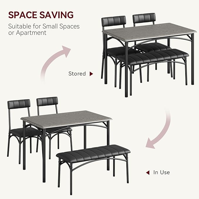 GAOMON Dining Table Set for 4, Kitchen Table with Upholstered Chairs and Bench, 4-Person Dining Room Table Set, Rectangular Kitchen Table Set for Small Space, Apartment, Home, Studio, Rustic Grey