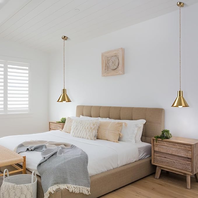 KCO Lighting Gold Cone Pendant Light Mini Barn Pendant Light Fixtures Modern Brass Pendant Lights Kitchen Island Set of 2 Vintage Industrial Ceiling Hanging Light for Dining Room Living Room 2 Pack