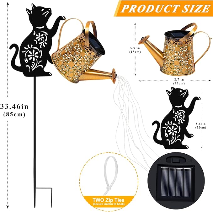 Solar Lights Outdoor Decorative, Watering Can with Cascading Lights, with Cat Silhouette Garden Stakes, Waterproof Metal Garden Decor for Yard Art, Outside, Patio, Lawn Ornaments