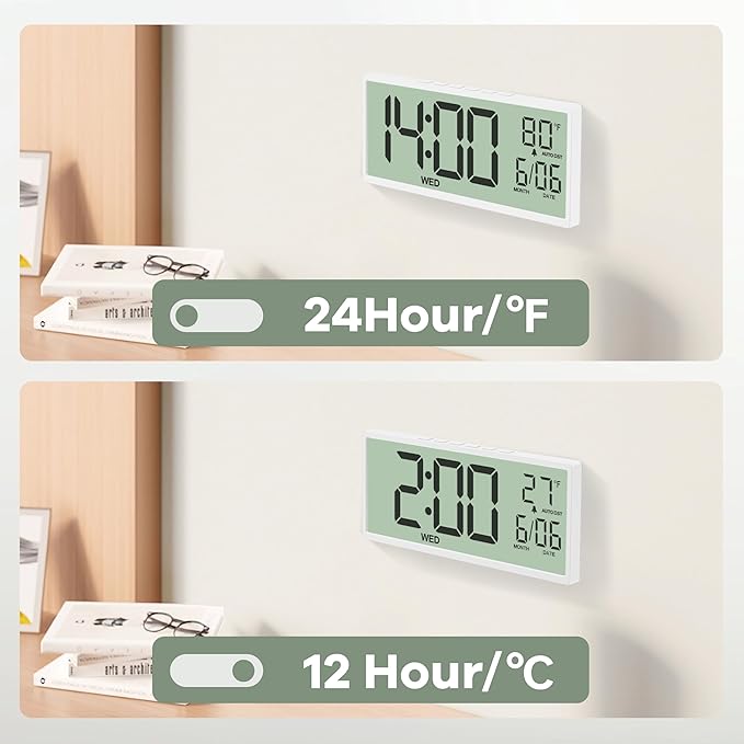 JALL 14.5" Large Digital Wall Clock Battery Operated with Big Digits LCD Display, Day, Date, Alarm, Auto DST, Temperature for Living Room, Bedroom, Desk, Mounted, Gift for Elderly (White, 14.5'')